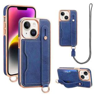 For iPhone 14 Plus VIETAO Card Slot Wristband Phone Case with Lanyard(Blue)