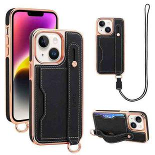 For iPhone 14 Plus VIETAO Card Slot Wristband Phone Case with Lanyard(Black)