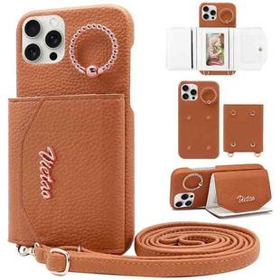 For iPhone 15 Pro Max VIETAO Ring Holder Card Bag Phone Case with Lanyard(Brown)