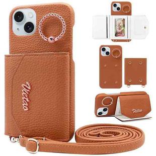 For iPhone 15 Plus VIETAO Ring Holder Card Bag Phone Case with Lanyard(Brown)