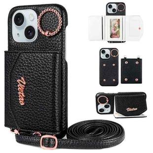 For iPhone 15 VIETAO Ring Holder Card Bag Phone Case with Lanyard(Black)