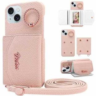 For iPhone 15 VIETAO Ring Holder Card Bag Phone Case with Lanyard(Pink)