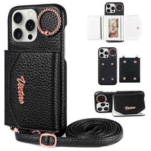 For iPhone 14 Pro VIETAO Ring Holder Card Bag Phone Case with Lanyard(Black)