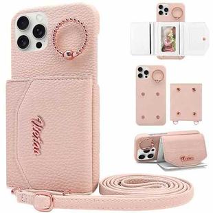 For iPhone 14 Pro Max VIETAO Ring Holder Card Bag Phone Case with Lanyard(Pink)