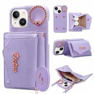 For iPhone 15 Plus VIETAO Ring Holder Wallet PU Phone Case with Lanyard(Purple)