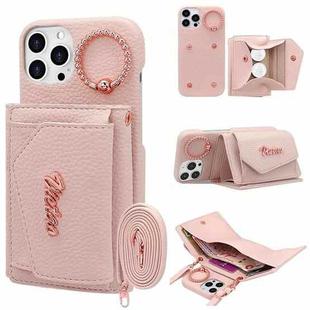 For iPhone 14 Pro VIETAO Ring Holder Wallet PU Phone Case with Lanyard(Pink)