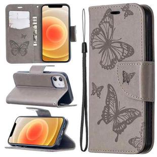 For iPhone 12 mini Embossing Two Butterflies Pattern Horizontal Flip PU Leather Case with Holder & Card Slot & Wallet & Lanyard(Grey)