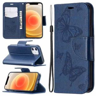 For iPhone 12 mini Embossing Two Butterflies Pattern Horizontal Flip PU Leather Case with Holder & Card Slot & Wallet & Lanyard(Blue)