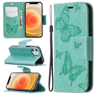 For iPhone 12 mini Embossing Two Butterflies Pattern Horizontal Flip PU Leather Case with Holder & Card Slot & Wallet & Lanyard(Green)