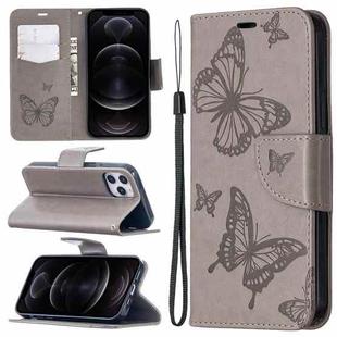 For iPhone 12 / 12 Pro Embossing Two Butterflies Pattern Horizontal Flip PU Leather Case with Holder & Card Slot & Wallet & Lanyard(Grey)