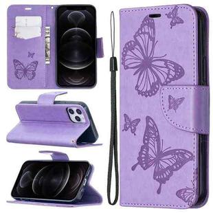 For iPhone 12 / 12 Pro Embossing Two Butterflies Pattern Horizontal Flip PU Leather Case with Holder & Card Slot & Wallet & Lanyard(Purple)