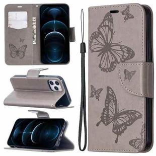 For iPhone 12 Pro Max Embossing Two Butterflies Pattern Horizontal Flip PU Leather Case with Holder & Card Slot & Wallet & Lanyard(Grey)