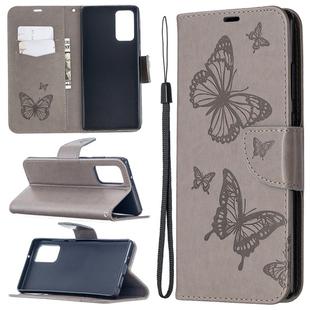 For Samsung Galaxy Note20 Embossing Two Butterflies Pattern Horizontal Flip PU Leather Case with Holder & Card Slot & Wallet & Lanyard(Grey)