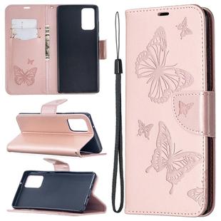 For Samsung Galaxy Note20 Embossing Two Butterflies Pattern Horizontal Flip PU Leather Case with Holder & Card Slot & Wallet & Lanyard(Rose Gold)