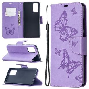 For Samsung Galaxy Note20 Embossing Two Butterflies Pattern Horizontal Flip PU Leather Case with Holder & Card Slot & Wallet & Lanyard(Purple)