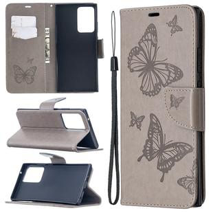 For Samsung Galaxy Note20 Ultra Embossing Two Butterflies Pattern Horizontal Flip PU Leather Case with Holder & Card Slot & Wallet & Lanyard(Grey)