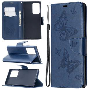 For Samsung Galaxy Note20 Ultra Embossing Two Butterflies Pattern Horizontal Flip PU Leather Case with Holder & Card Slot & Wallet & Lanyard(Blue)