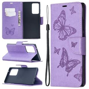 For Samsung Galaxy Note20 Ultra Embossing Two Butterflies Pattern Horizontal Flip PU Leather Case with Holder & Card Slot & Wallet & Lanyard(Purple)