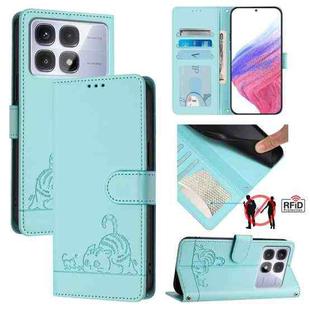 For Redmi K70 Ultra 5G Global Cat Rat Embossed Pattern RFID Leather Phone Case with Lanyard(Mint Green)