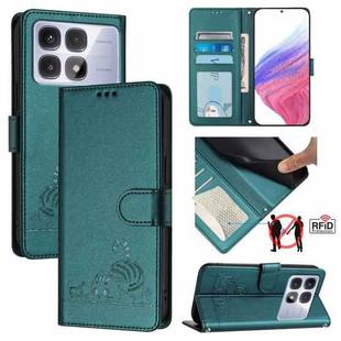 For Redmi K70 Ultra 5G Global Cat Rat Embossed Pattern RFID Leather Phone Case with Lanyard(Peacock Green)