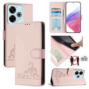 For Redmi 13 4G Cat Rat Embossed Pattern RFID Leather Phone Case with Lanyard(Pink)