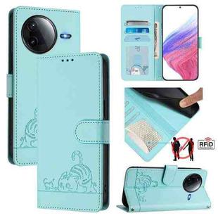 For Redmi K80 5G / K80 Pro 5G Cat Rat Embossed Pattern RFID Leather Phone Case with Lanyard(Mint Green)