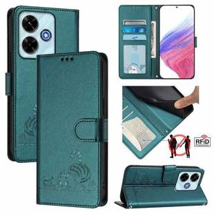 For Redmi 13x 4G / 13 4G Global Cat Rat Embossed Pattern RFID Leather Phone Case with Lanyard(Peacock Green)