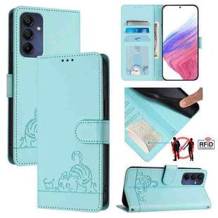 For Samsung Galaxy A16 5G Cat Rat Embossed Pattern RFID Leather Phone Case with Lanyard(Mint Green)