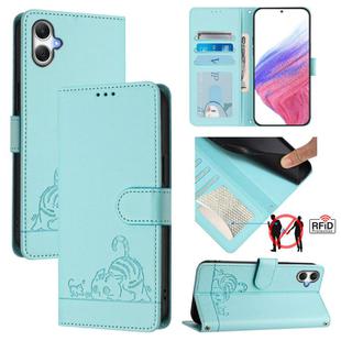 For Samsung Galaxy A06 5G Cat Rat Embossed Pattern RFID Leather Phone Case with Lanyard(Mint Green)