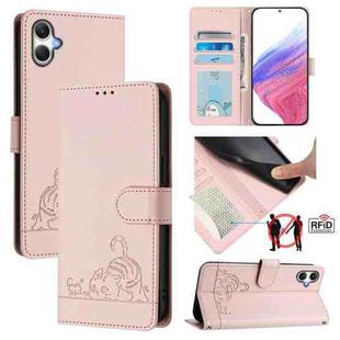 For Samsung Galaxy A07 4G Cat Rat Embossed Pattern RFID Leather Phone Case with Lanyard(Pink)