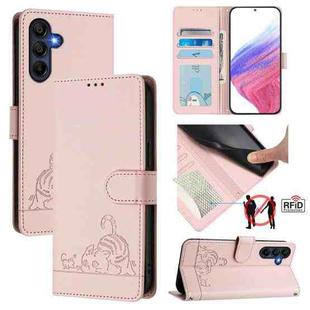 For Samsung Galaxy A17 5G Cat Rat Embossed Pattern RFID Leather Phone Case with Lanyard(Pink)