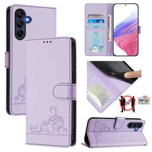 For Samsung Galaxy A17 5G Cat Rat Embossed Pattern RFID Leather Phone Case with Lanyard(Purple)
