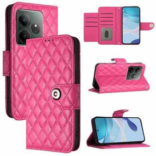 For Realme GT 6 5G Global Rhombic Texture Flip Leather Phone Case with Lanyard(Rose Red)