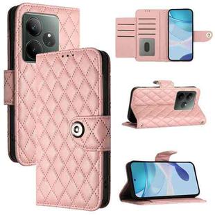 For Realme GT 6T 5G Global Rhombic Texture Flip Leather Phone Case with Lanyard(Coral Pink)