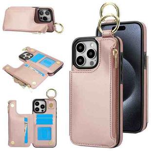 For iPhone 15 Pro Max RFlD Anti-theft Double Buckle Ring Zipper Card Phone Case(Rose Gold)