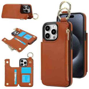 For iPhone 15 Pro Max RFlD Anti-theft Double Buckle Ring Zipper Card Phone Case(Brown)