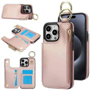 For iPhone 15 Pro RFlD Anti-theft Double Buckle Ring Zipper Card Phone Case(Rose Gold)