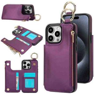 For iPhone 15 Pro RFlD Anti-theft Double Buckle Ring Zipper Card Phone Case(Dark Purple)