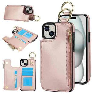 For iPhone 15 Plus RFlD Anti-theft Double Buckle Ring Zipper Card Phone Case(Rose Gold)