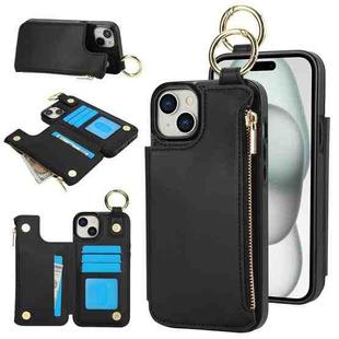 For iPhone 15 RFlD Anti-theft Double Buckle Ring Zipper Card Phone Case(Black)