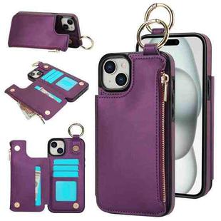 For iPhone 15 RFlD Anti-theft Double Buckle Ring Zipper Card Phone Case(Dark Purple)