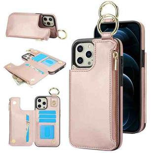 For iPhone 12 Pro RFlD Anti-theft Double Buckle Ring Zipper Card Phone Case(Rose Gold)