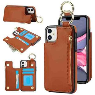 For iPhone 11 RFlD Anti-theft Double Buckle Ring Zipper Card Phone Case(Brown)