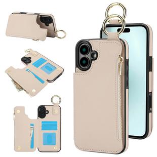 For iPhone 16 Plus RFlD Anti-theft Double Buckle Ring Zipper Card Phone Case(White)