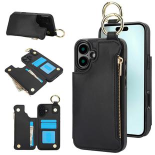 For iPhone 16 Plus RFlD Anti-theft Double Buckle Ring Zipper Card Phone Case(Black)