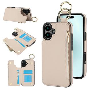 For iPhone 16 RFlD Anti-theft Double Buckle Ring Zipper Card Phone Case(White)