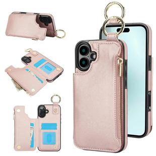 For iPhone 16 RFlD Anti-theft Double Buckle Ring Zipper Card Phone Case(Rose Gold)