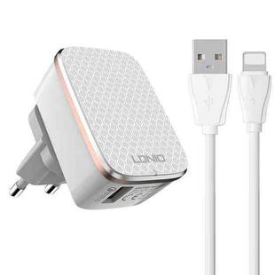 LDNIO A1204Q QC3.0 18W USB Fast Charger with 1m USB to 8 Pin Cable, Plug Type:EU Plug(White Gold)