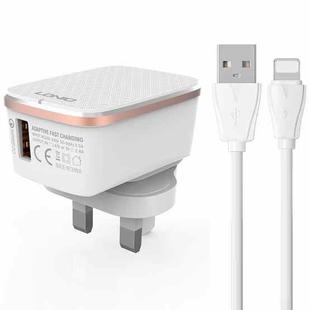 LDNIO A1204Q QC3.0 18W USB Fast Charger with 1m USB to 8 Pin Cable, Plug Type:UK Plug(White Gold)