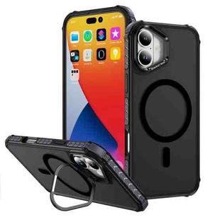 For iPhone 16 Plus Rainbow Series Skin Feel MagSafe Lens Holder Phone Case(Black)